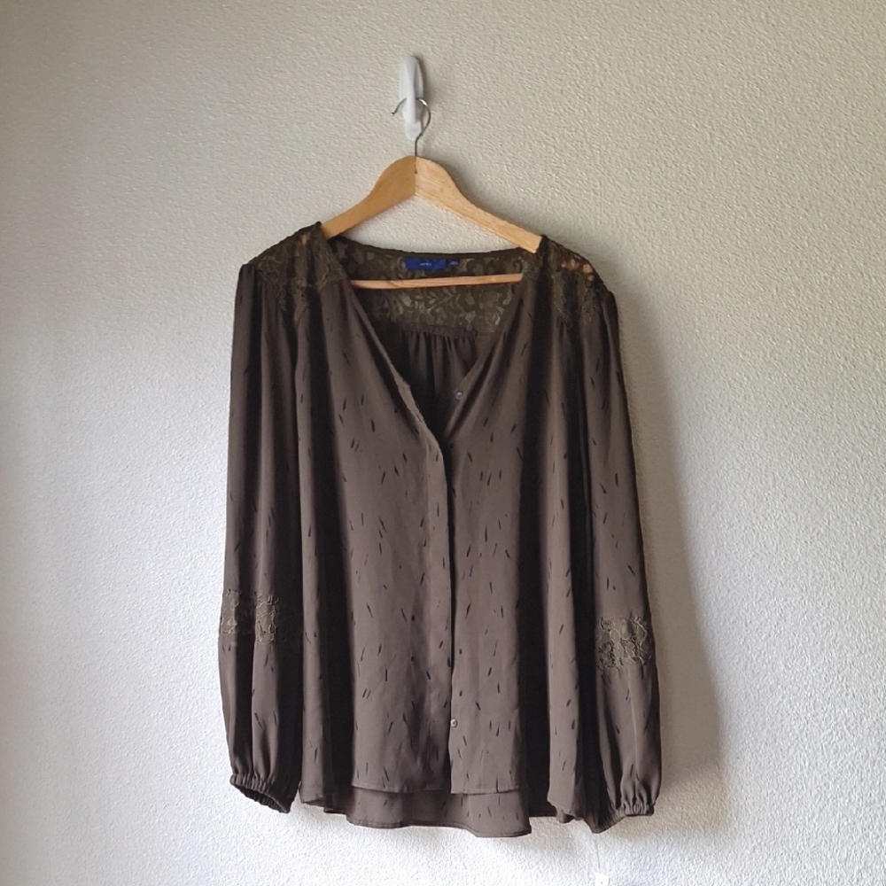 NWT APT. 9 Lightweight Button-Down Blouse With Lace Detail Olive Green Size XL